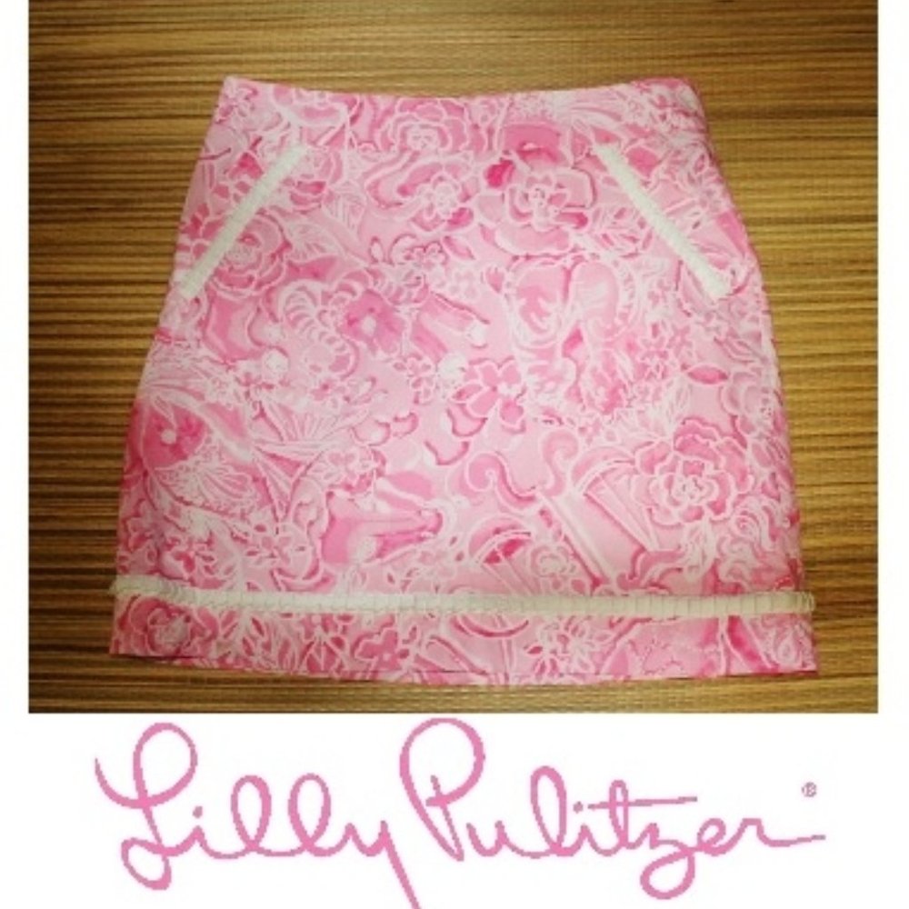 New Lilly Pulitzer Pink Floral Scalloped Lace Mini Skirt w Pockets